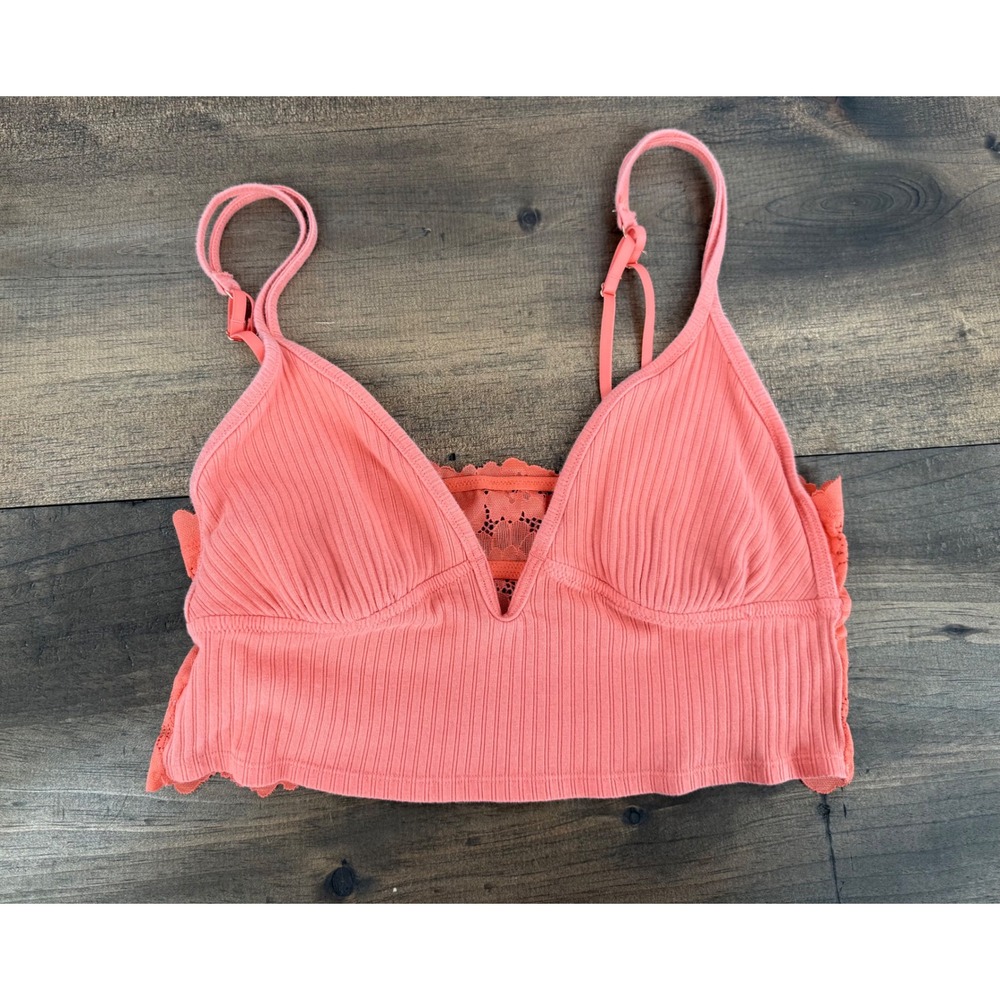 Aerie Ribbed V Neck Bralette Coral Pink Floral Lace Back Size Large L Womens